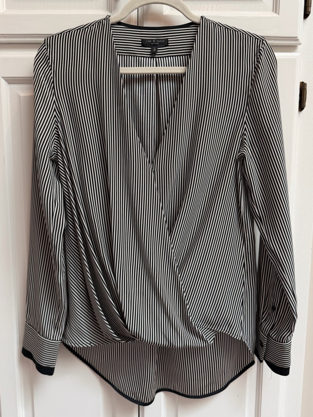 Rag & Bone Victor Blouse in White Black Stripe 100% Silk Size Small